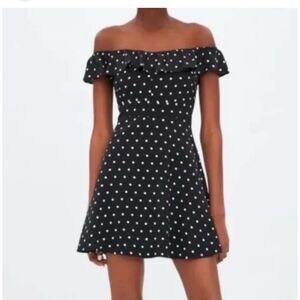 Zara NWT Black White Polka Dot Off Shoulder Tie Back Mini Sundress Size Small